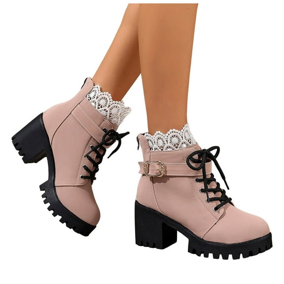 Sexy Lace Ankle Boots for Women Suede Buckle Ankle Strap Lug Sole Chunky Heel Lace up Dressy Fall Winter Booties
