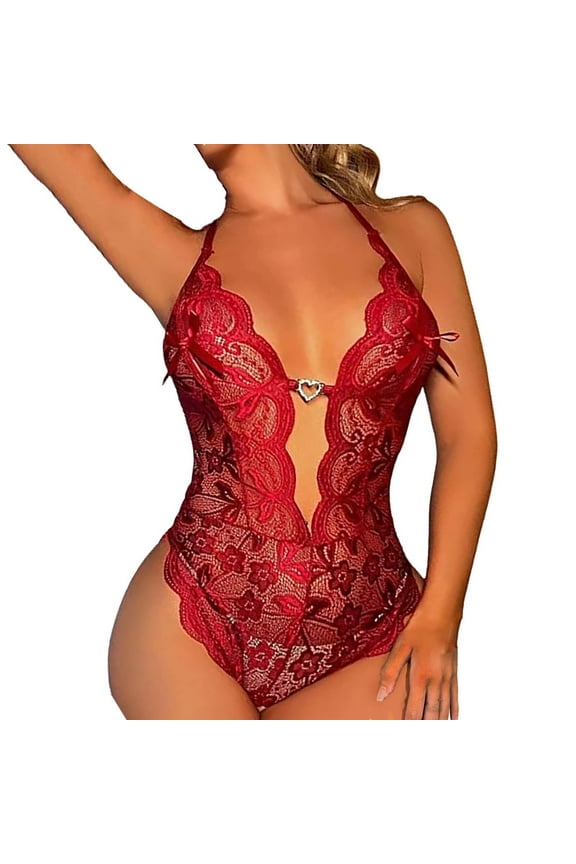 Sexy Lace Bodysuit for Women Deep V Neck One Piece Lingerie, Sheer Mesh Teddy, Backless Bodysuit