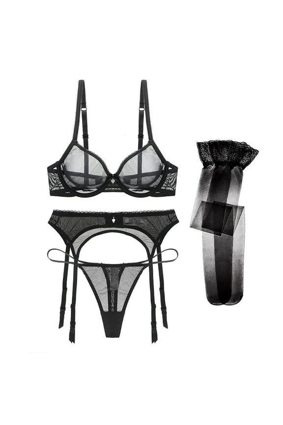 Sexy Lace Bra See Through Breathable Bra and Solid Thongs and Garter Belt and Stocking Lingerie Set
