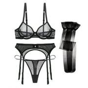 Sexy Lace Bra See Through Breathable Bra and Solid Thongs and Garter Belt and Stocking Lingerie Set