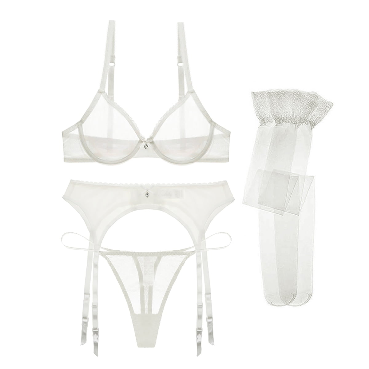 Sexy Lace Bra See Through Breathable Bra and Solid Thongs and Garter Belt  and Stocking Lingerie Set - Walmart.com