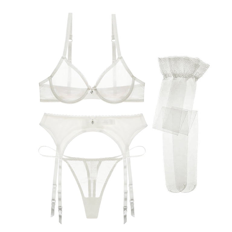 Sexy Lace Bra See Through Breathable Bra and Solid Thongs and Garter Belt  and Stocking Lingerie Set - Walmart.com