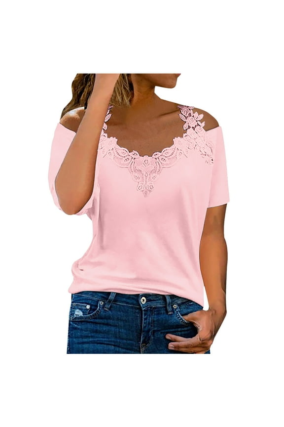 Sexy Lace Cold Shoulder Tops for Women Solid Color V Neck Short Sleeve Tshirt Breathable Milk Silk Plus Size Blouses Summer Dressy Casual Tunic Tops