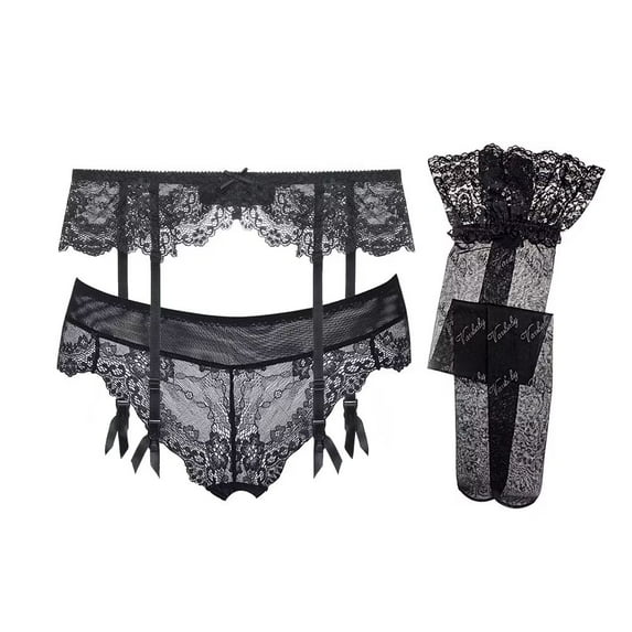 Sexy Lace Garter Belts Panties Printing Stockings for Women's 3 Piece Lingerie Set Black