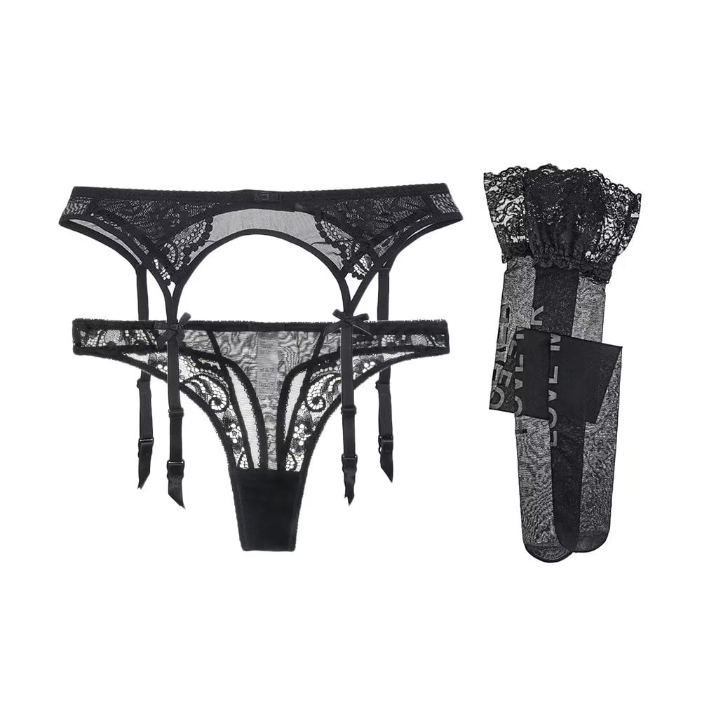 Sexy Lace Garter Belts Panties Printing Stockings for Women's 3 Piece  Lingerie Set Black