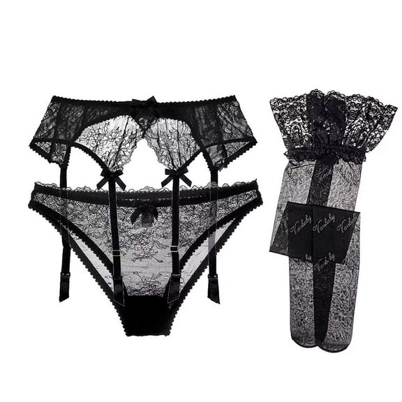 Sexy Lace Garter Belts Panties Printing Stockings for Women's 3 Piece Lingerie Set Black