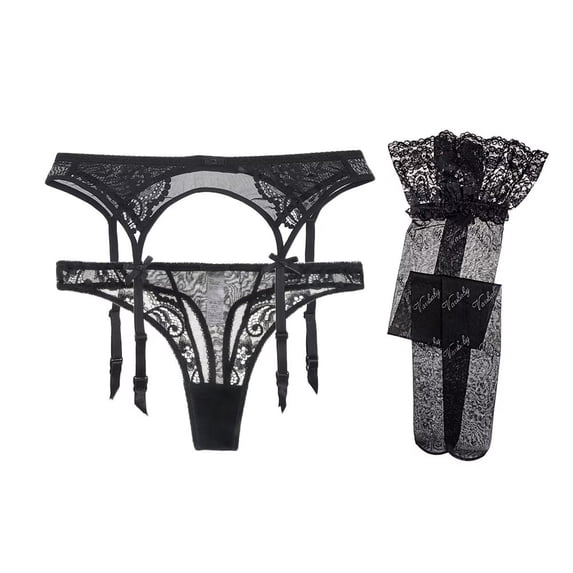 Sexy Lace Garter Belts Panties Printing Stockings for Women's 3 Piece Lingerie Set Black
