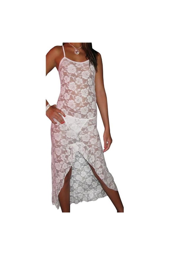 Sexy Lace Long Dress Lingerie Set Sleepwear with G String, White - One Size