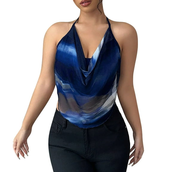 Lace Tops for Women Sparkly Deep V Neck Crop Tank Tops,Blue,L