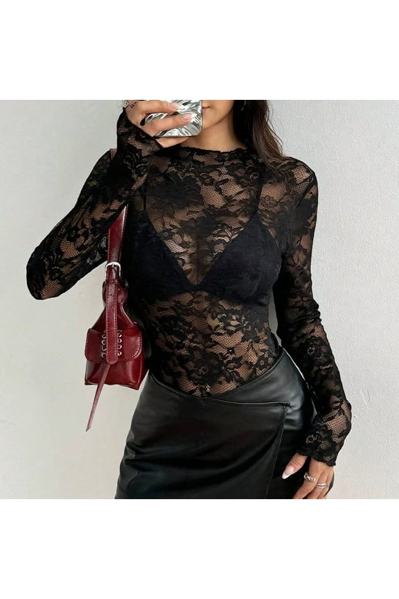 Sexy Lace Women T Shirt See Through Transparent Mesh Tops Long Sleeve Sheer Slim Ladies Black Crew Neck T-Shirt