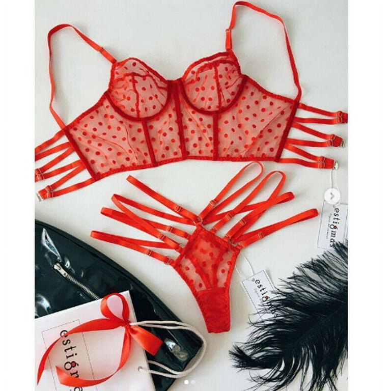 Sexy Ladies Women Polka Dot See Through Babydoll Push Up Bra+Hollow Out  G-String Thong Black/Red Bikini Lingerie Pyjamas Set 