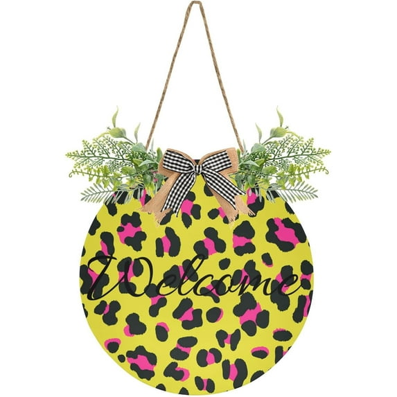 Sexy Leopard Print Welcome Sign for Front Door, Round Sign Hanging Welcome Sign Welcome Wreath for Farmhouse Porch Door Home Decor