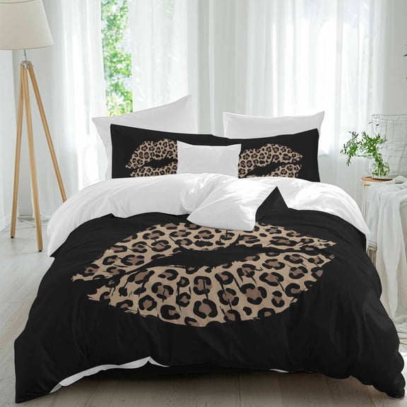 Sexy Leopard Stripes Lips Queen Size Bed Set,Black Background Bedding for All Seasons,4 Pcs Bed Set,1 Quiltcover(90"x92"),1 Sheet(94"x116"),2 Pillowcases(30"x20")