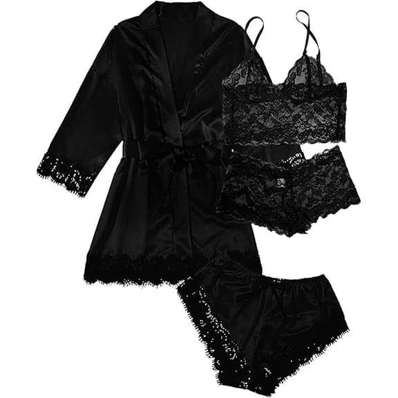 Sexy Lingerie, AMITOFO Silk Satin Lingerie Sets for Women of 4 Pcs with Floral Lace Top Shorts and Robe, Valentines Day Gift for Women, Black, M