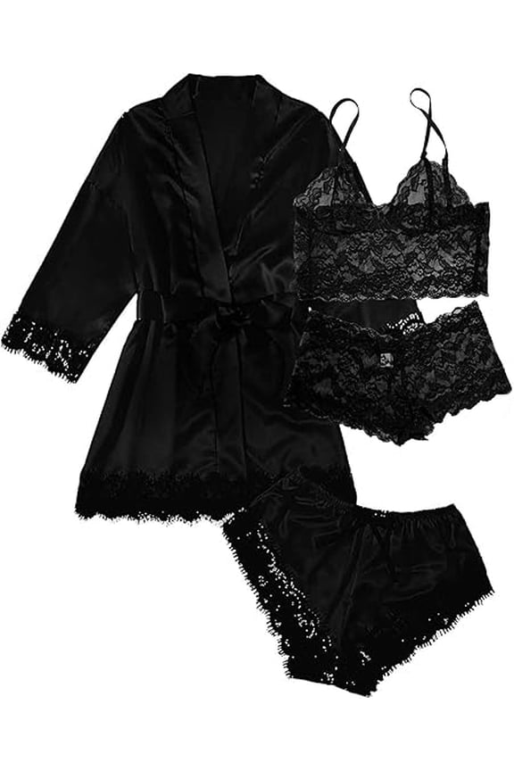 Sexy Lingerie, AMITOFO Silk Satin Lingerie Sets for Women of 4 Pcs with Floral Lace Top Shorts and Robe, Valentines Day Gift for Women, Black, S