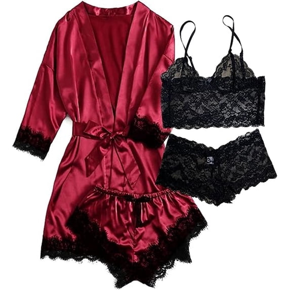 Sexy Lingerie, AMITOFO Silk Satin Lingerie Sets for Women of 4 Pcs with Floral Lace Top Shorts and Robe, Valentines Day Gift for Women, Burgundy, XXL
