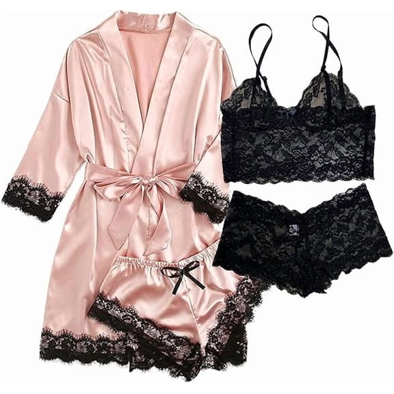 Sexy Lingerie, AMITOFO Silk Satin Lingerie Sets for Women of 4 Pcs with Floral Lace Top Shorts and Robe, Valentines Day Gift for Women, Pink, XXL