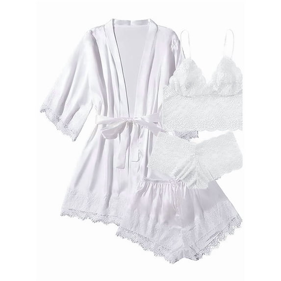 Sexy Lingerie, AMITOFO Silk Satin Lingerie Sets for Women of 4 Pcs with Floral Lace Top Shorts and Robe, Valentines Day Gift for Women, White, S