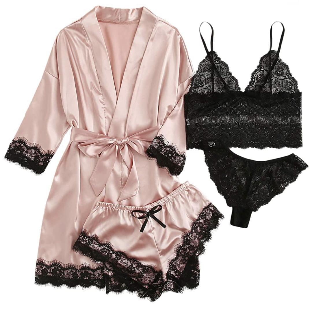 Sexy Lingerie, LOFIR Sexy Lingerie for Women, Womens Summer Pajamas Pjs Sets of 4 Pcs with Floral Lace Top Shorts and Robe, Gift for Women, Pink, L