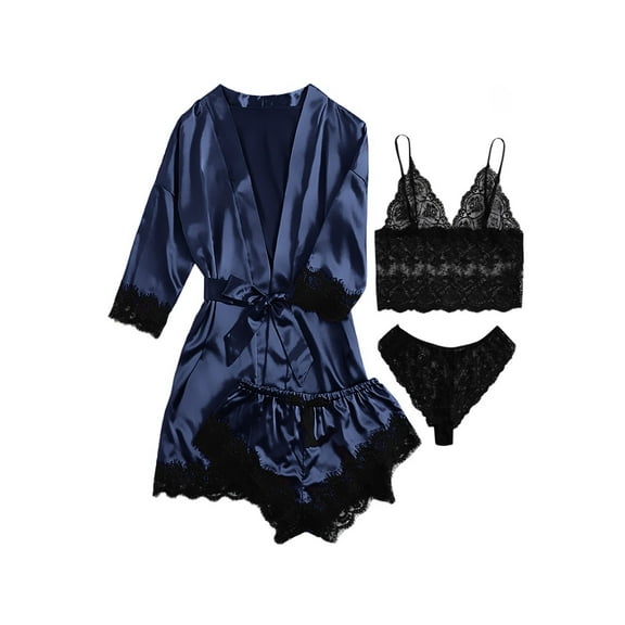 Sexy Lingerie, LOFIR Silk Satin Pajamas for Women, Womens Summer Pajamas Pjs Sets of 4 Pcs with Floral Lace Top Shorts and Robe, Gift for Women, Black,M