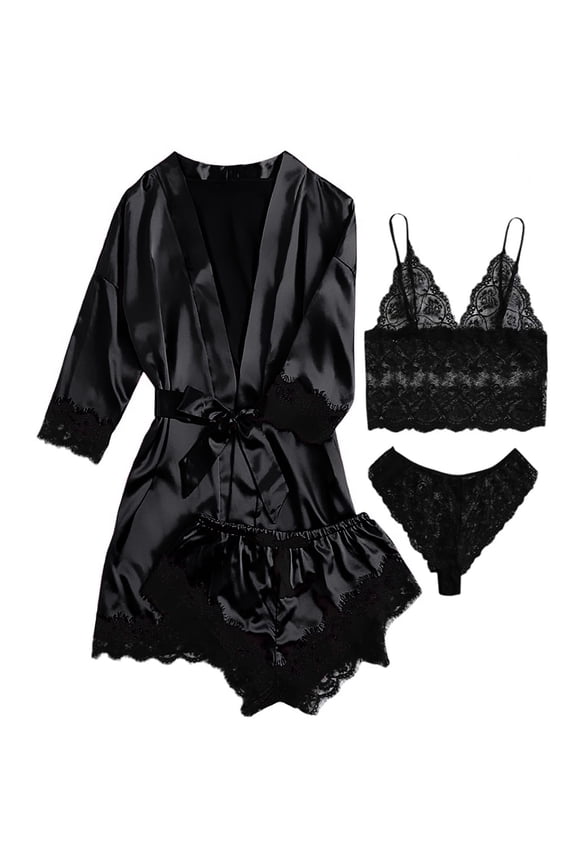 Sexy Lingerie, LOFIR Silk Satin Pajamas for Women, Womens Summer Pajamas Pjs Sets of 4 Pcs with Floral Lace Top Shorts and Robe, Gift for Women, Black, XL