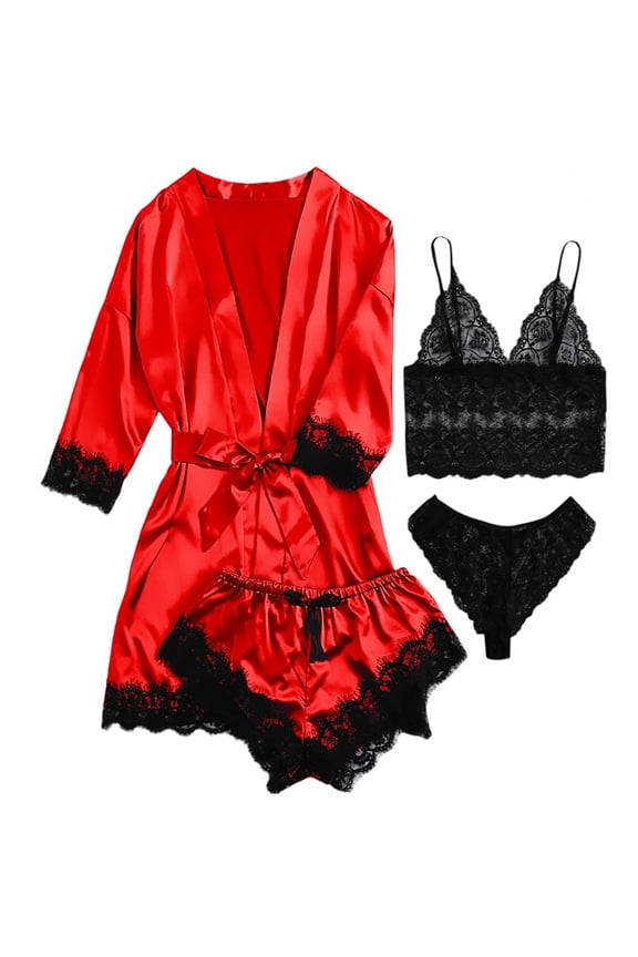 Sexy Lingerie, LOFIR Silk Satin Pajamas for Women, Womens Summer Pajamas Pjs Sets of 4 Pcs with Floral Lace Top Shorts and Robe, Gift for Women, Black, XL