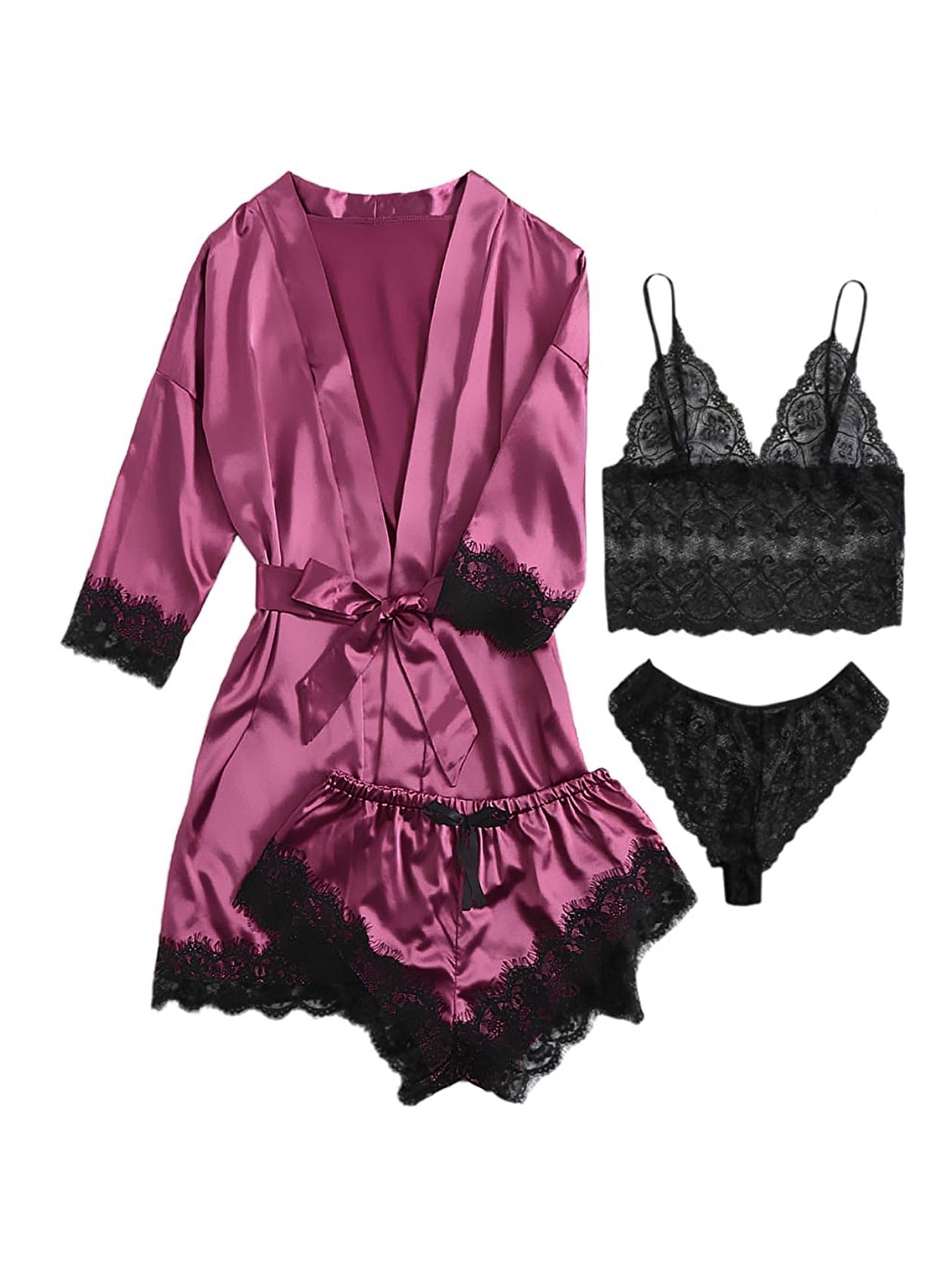 Sexy Lingerie LOFIR Silk Satin Pajamas Women Womens Summer Pjs Sets 4 Pcs Floral Lace Top Shorts Robe Gift Black L