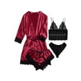 thumbnail image 1 of Sexy Lingerie, LOFIR Silk Satin Pajamas for Women, Womens Summer Pajamas Pjs Sets of 4 Pcs with Floral Lace Top Shorts and Robe, Gift for Women, Burgundy, XXL, 1 of 6