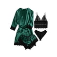 thumbnail image 1 of Sexy Lingerie, LOFIR Silk Satin Pajamas for Women, Womens Summer Pajamas Pjs Sets of 4 Pcs with Floral Lace Top Shorts and Robe, Gift for Women, Deep Green, L, 1 of 5