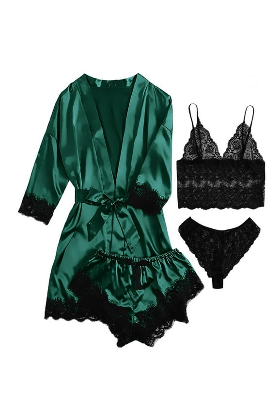 Sexy Lingerie, LOFIR Silk Satin Pajamas for Women, Womens Summer Pajamas Pjs Sets of 4 Pcs with Floral Lace Top Shorts and Robe, Gift for Women, Deep Green, M