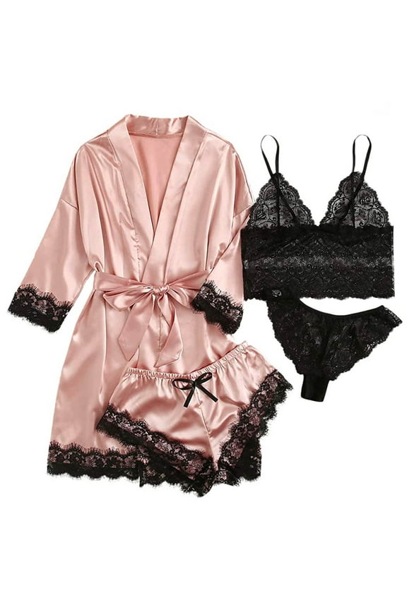 Sexy Lingerie, LOFIR Silk Satin Pajamas for Women, Womens Summer Pajamas Pjs Sets of 4 Pcs with Floral Lace Top Shorts and Robe, Gift for Women, Pink, M