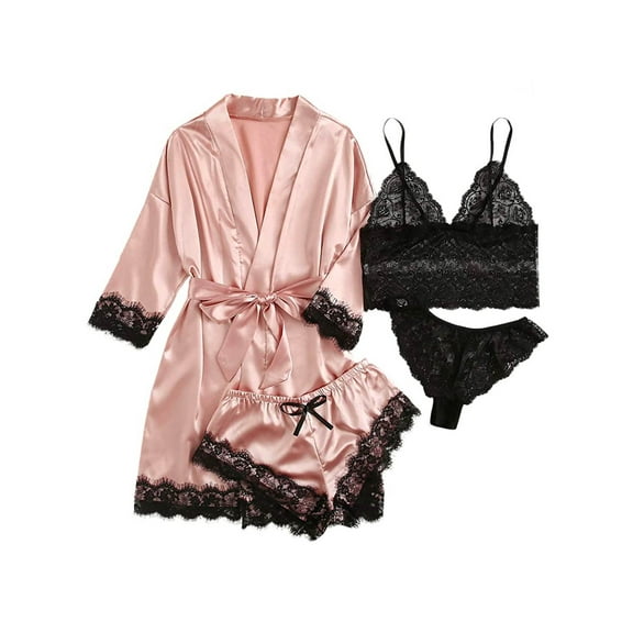 Sexy Lingerie, LOFIR Silk Satin Pajamas for Women, Womens Summer Pajamas Pjs Sets of 4 Pcs with Floral Lace Top Shorts and Robe, Gift for Women, Pink, XL
