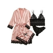 Sexy Lingerie, LOFIR Silk Satin Pajamas for Women, Womens Summer Pajamas Pjs Sets of 4 Pcs with Floral Lace Top Shorts and Robe, Gift for Women, Pink, XL