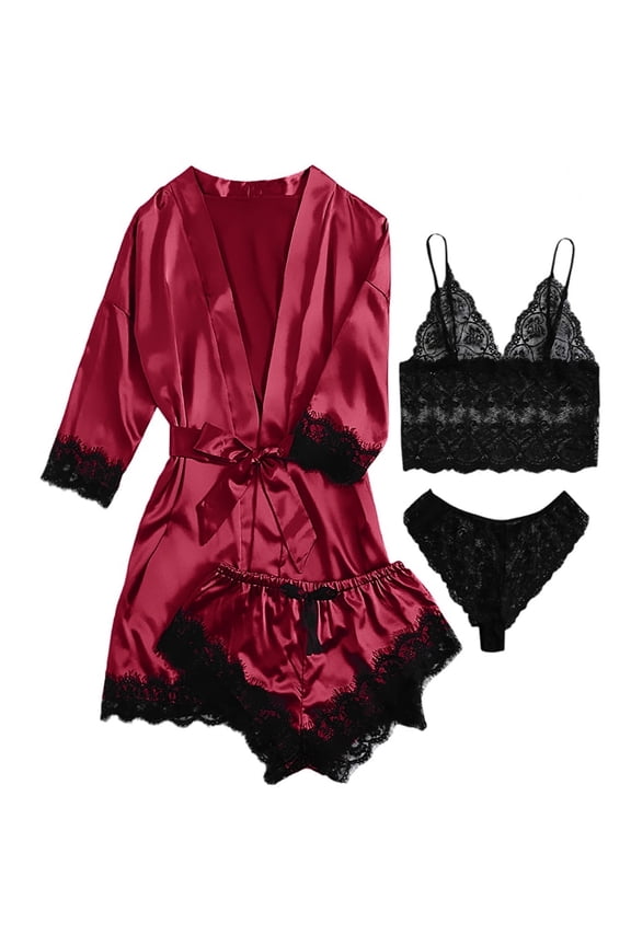 Sexy Lingerie, LOFIR Silk Satin Pajamas for Women, Womens Summer Pajamas Pjs Sets of 4 Pcs with Floral Lace Top Shorts and Robe, Gift for Women, Wine Red, 3XL