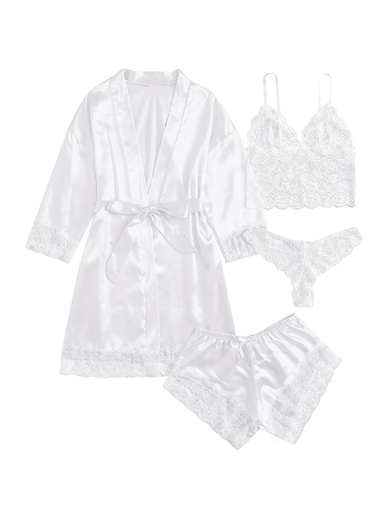 LOFIR Women Satin Lingerie Pajama Set 4 Pcs Floral Lace Top Shorts Robe Pink L - Walmart.com LOFIR Women Satin Lingerie Pajama Set 4 Pcs Floral Lace Top Shorts Robe Pink L - Walmart.com
