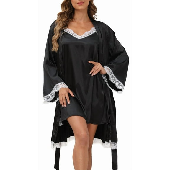 Sexy Lingerie, PUTUO Lingerie for Women, 2pcs Lace Cami Nightgown with Robes, Womens Lingerie Satin Silk Robe, Black M
