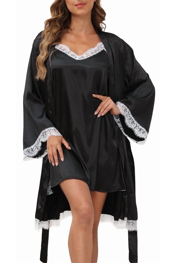 Sexy Lingerie, PUTUO Lingerie for Women, 2pcs Lace Cami Nightgown with Robes, Womens Lingerie Satin Silk Robe, Black M