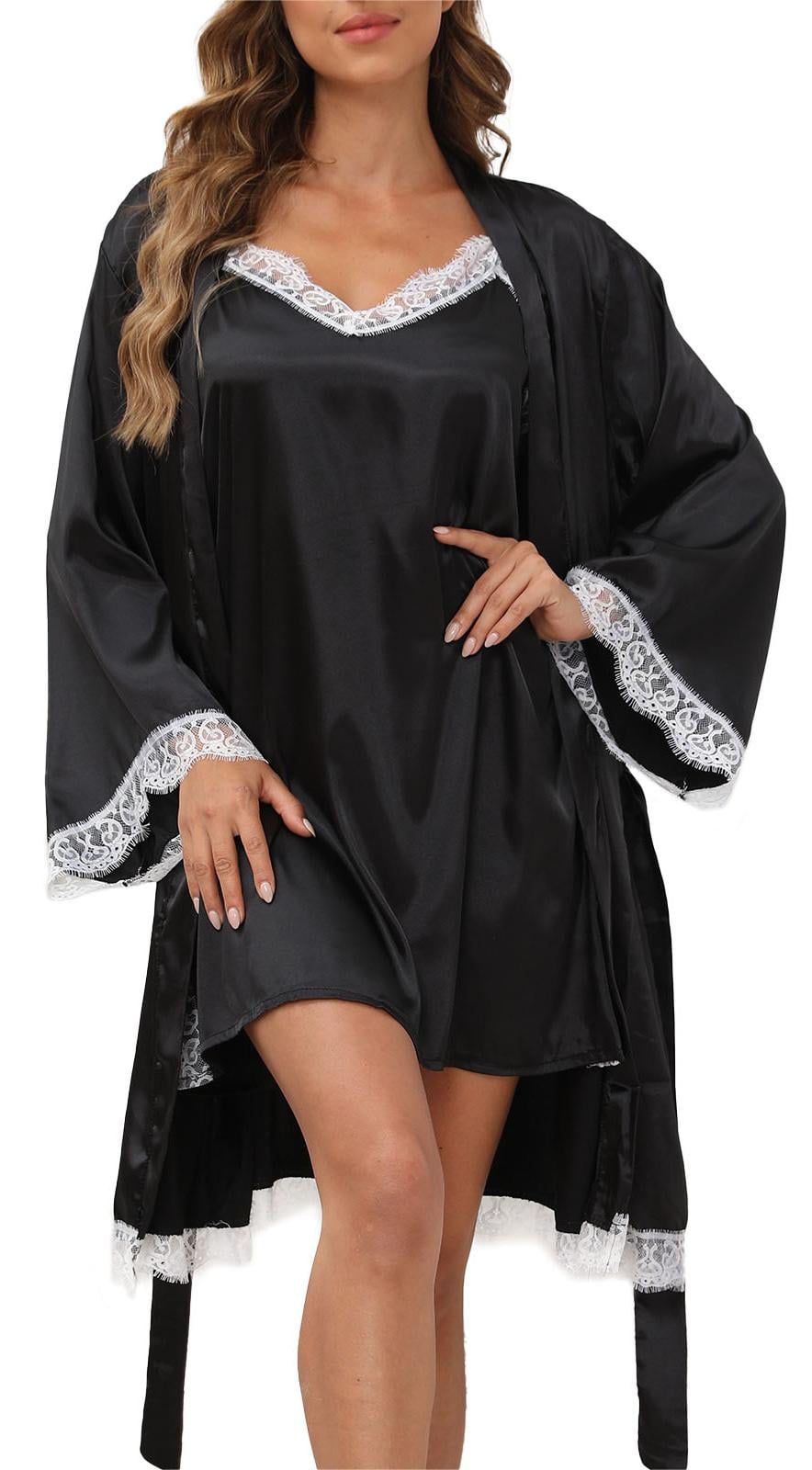 Sexy Lingerie, PUTUO Lingerie for Women, 2pcs Lace Cami Nightgown with Robes, Womens Lingerie Satin Silk Robe, Black XL