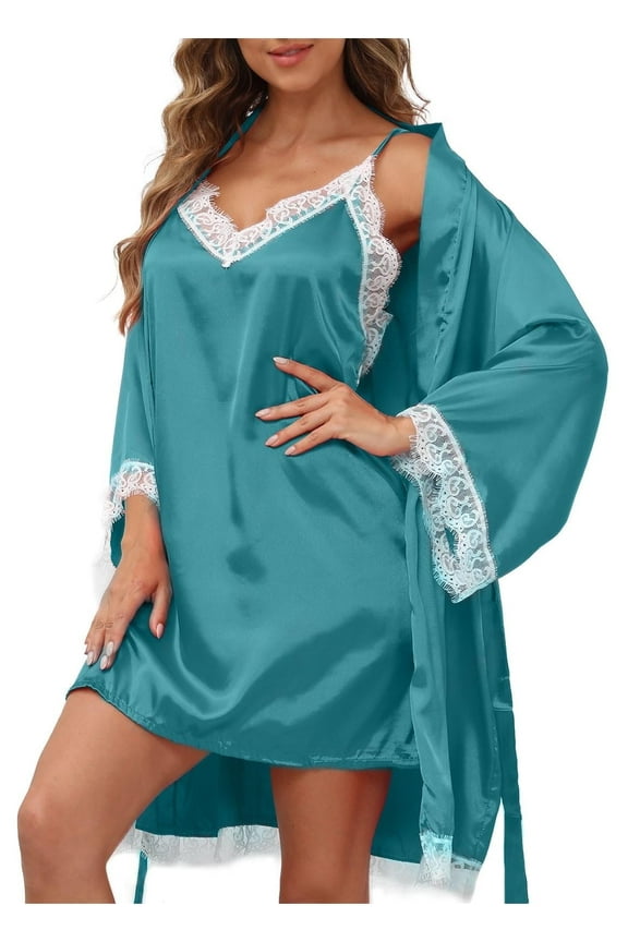 Sexy Lingerie, PUTUO Lingerie for Women, 2pcs Lace Cami Nightgown with Robes, Womens Lingerie Satin Silk Robe, Green M