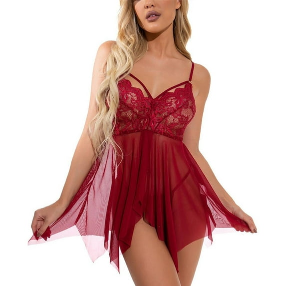 Sexy Lingerie, PUTUO Lingerie for Women, Lace Sling Chemise Naughty See Through Lingerie Set, Red