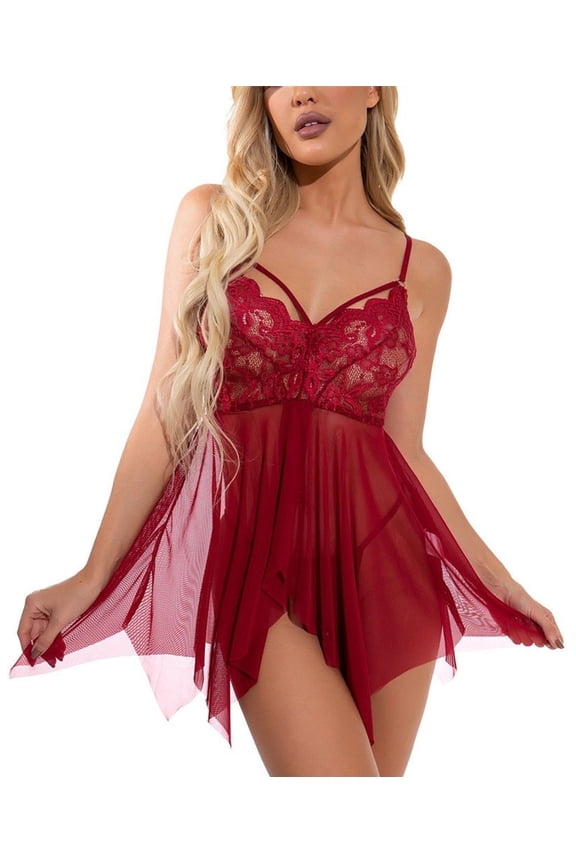 Sexy Lingerie, PUTUO Lingerie for Women, Lace Sling Chemise Naughty See Through Lingerie Set, Red