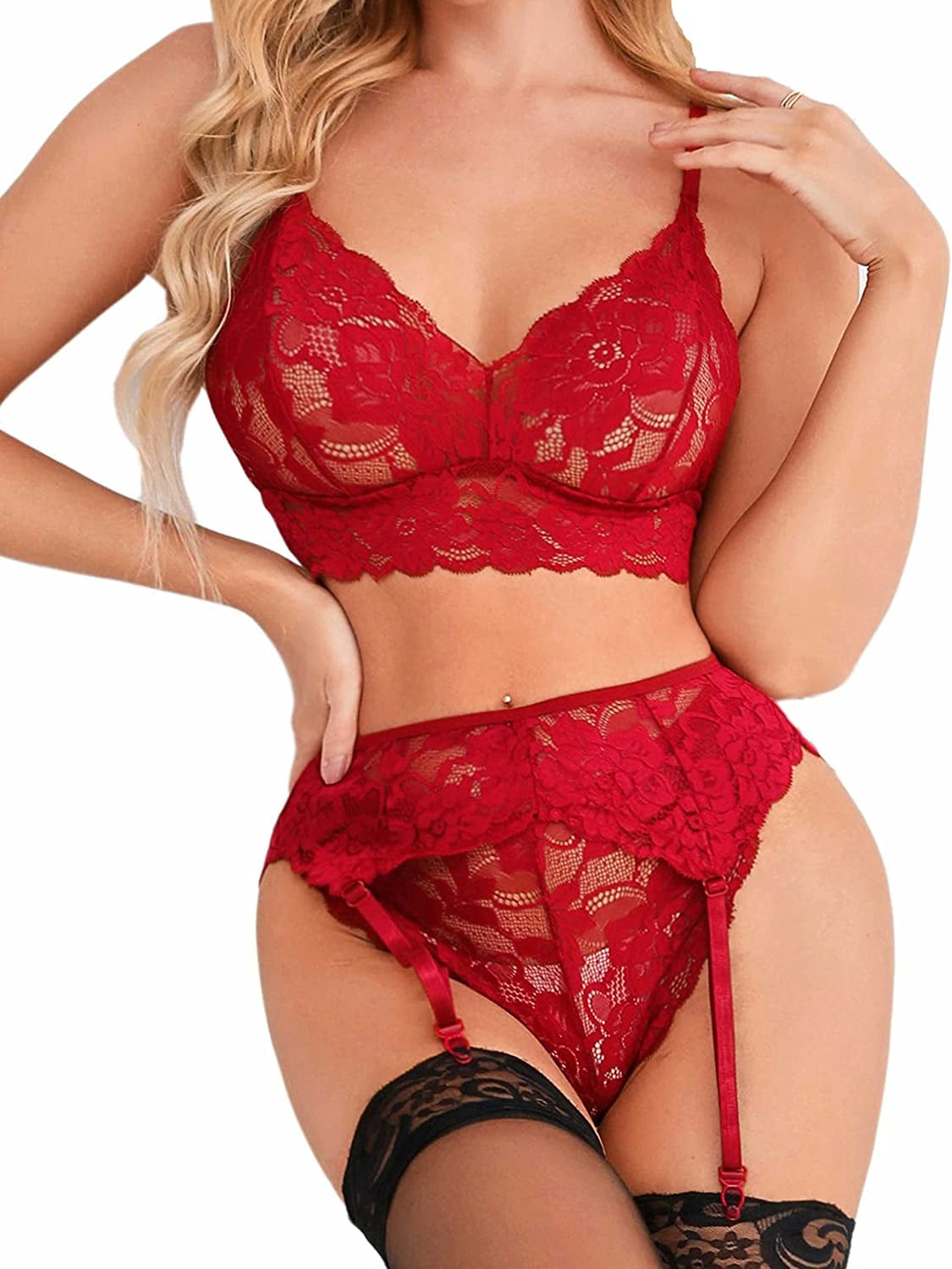 Sexy Lingerie Set for Women Naughty, 3 PC, Lace Bralette Bra and Panty Sets,  Garter Belt Lingerie 