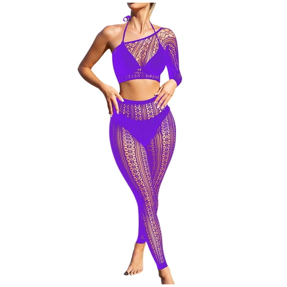 Sexy Lingerie Sets for Women Valentine Off Shoulder Long Sleeve Halter Tops Deep V Mesh Pant Bodycon Boudoir Set