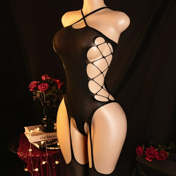 Sexy Lingerie for Women, Open-crotch Uniform Tights, Halter Stockings, Jacquard Fishnet Bodysuit with Openwork Crotch Design, Sheer Bodysuit Accentuate Your Attractive Body Curves