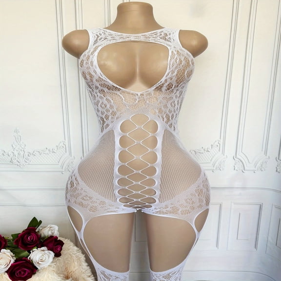Sexy Lingerie for Women, Jacquard Fishnet Bodysuit,Open-crotch Uniform Tights, Halter Stockings,Accentuate Your Attractive Body Curves