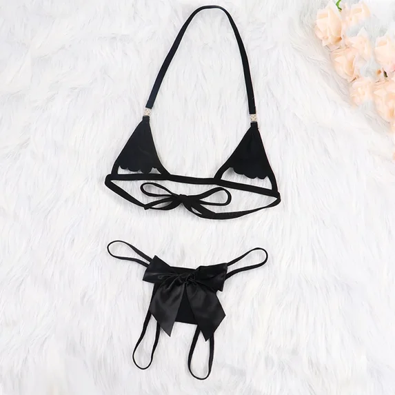 Sexy Lingerie for Women, Two Piece Sheer Matching Seamless Bra and Naughtie Low Rise Back Bow Crotchless Underwear