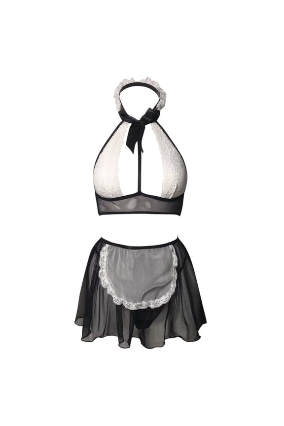 Sexy Lingerie for Women White Mesh Lace Bow Hollow Skirt Uniform Style Black S