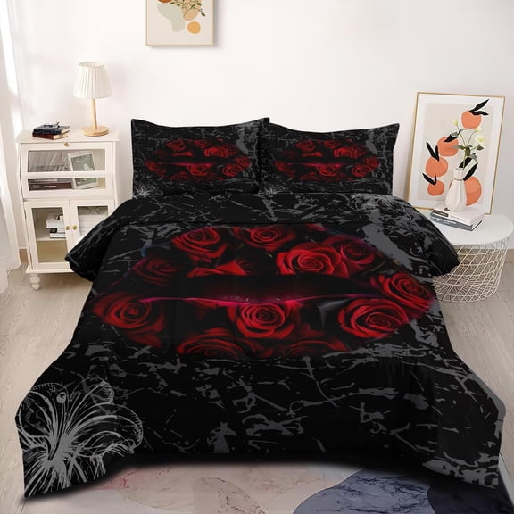Sexy Lips Print Comforter Set Size Black Marble Bedding Set for Girls Women Romantic Roses Pattern Comforter for Bedroom r 3Pcs Soft Lightweight Bed Set with 2 Pillowcases