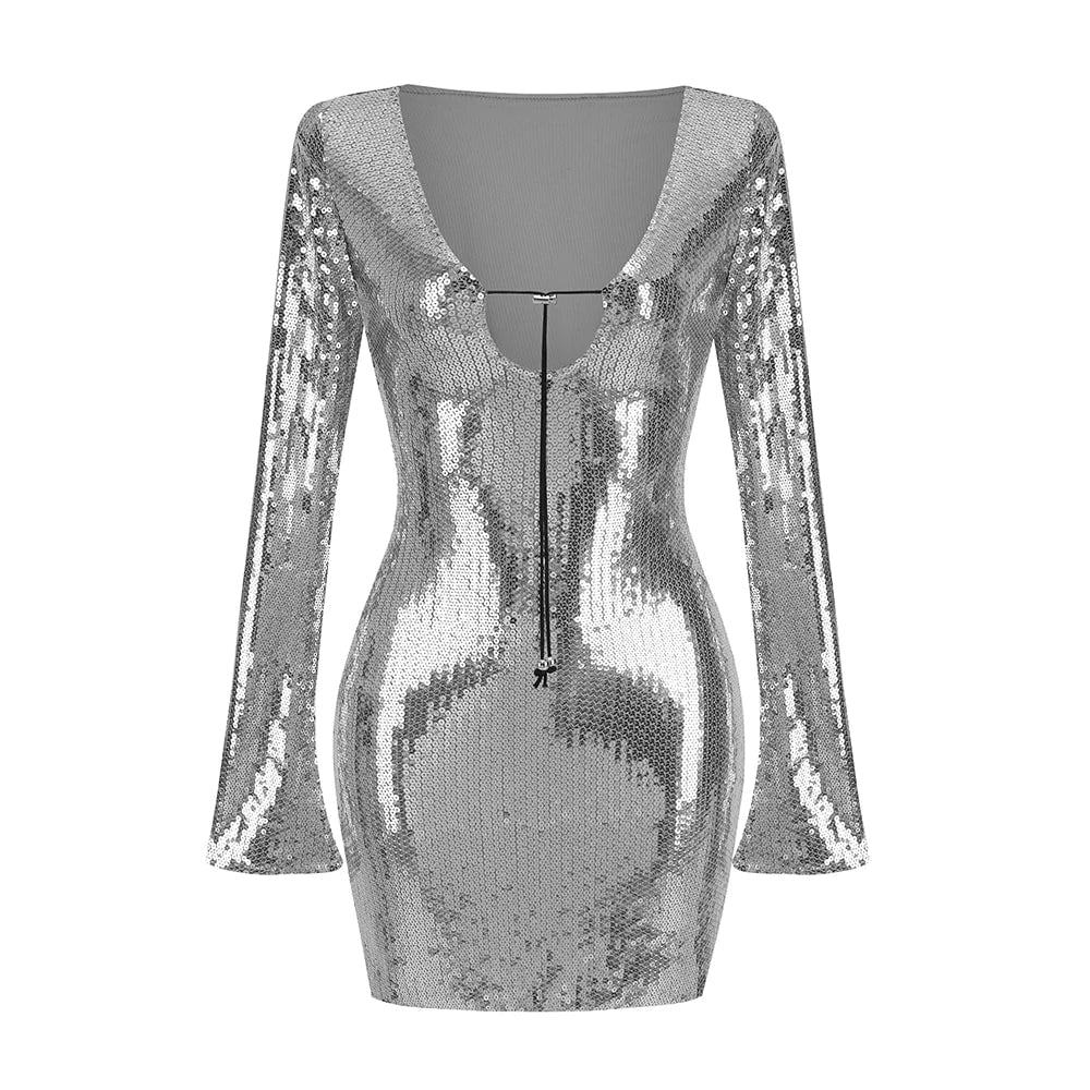 Sexy Luxury Sequins Draw String Metal V Neck Long Sleeve Bodycon Mini Dress  Elegant Party Evening Club Dresses - Walmart.com