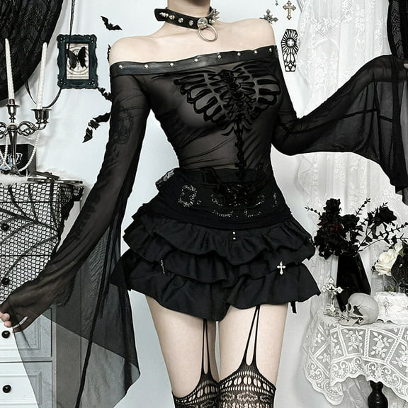 Sexy Mall Gothic T-shirt Women Streetwear Cyber Punk Grunge Skull Printed Flare Sleeve Off The Shoulder Flocking Tee Top